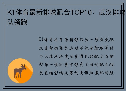 K1体育最新排球配合TOP10：武汉排球队领跑