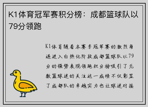 K1体育冠军赛积分榜：成都篮球队以79分领跑
